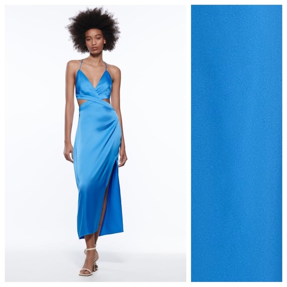 Zara Dresses & Skirts - NWT. Zara Blue Satin Effect Cut-Out Midi Dress. Size S.